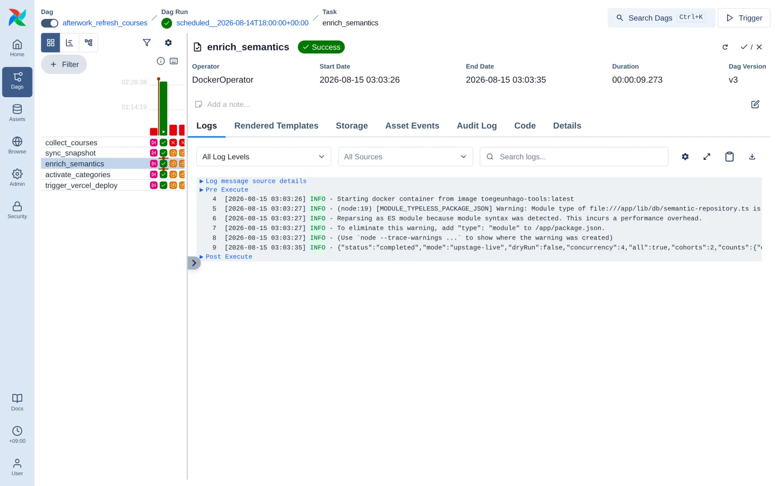 enrich_semantics 로그의 마지막 JSON 줄: examined 21, committed 19, cacheHits 3, privacyBlocked 2, providerCalls 1, inputs 16.